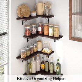 Love-KANKEI Corner Shelf Wall Mounted,Floating Wall Shelves for Storage,Rustic Wood Hanging Shelves for Display,Bedroom Bathroom Living Room Kitchen,Set of 4, Dark Brown