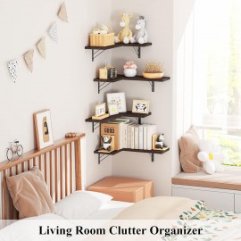 Love-KANKEI Corner Shelf Wall Mounted,Floating Wall Shelves for Storage,Rustic Wood Hanging Shelves for Display,Bedroom Bathroom Living Room Kitchen,Set of 4, Dark Brown