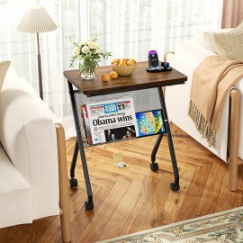SRIWATANA Side Table, End Table with Detachable Grid Panel and Rolling Wheels, Perfect for Your Living Room & Bedroom, Mobile Couch Table for Bed, Laptop, Coffee, Dark Walnut