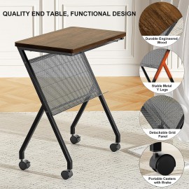 SRIWATANA Side Table, End Table with Detachable Grid Panel and Rolling Wheels, Perfect for Your Living Room & Bedroom, Mobile Couch Table for Bed, Laptop, Coffee, Dark Walnut