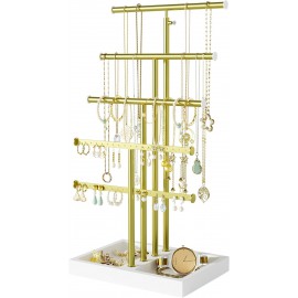 Love-KANKEI Jewelry Organizer Stand,5 Tier Large Necklace Holder with Metal and Wood Base,Jewelry holder stand Tree for Display,Bracelets Earrings Rings,Height Adjustable Gift White and Gold