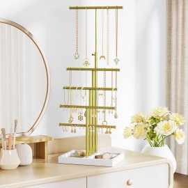 Love-KANKEI Jewelry Organizer Stand,5 Tier Large Necklace Holder with Metal and Wood Base,Jewelry holder stand Tree for Display,Bracelets Earrings Rings,Height Adjustable Gift White and Gold