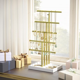 Love-KANKEI Jewelry Organizer Stand,5 Tier Large Necklace Holder with Metal and Wood Base,Jewelry holder stand Tree for Display,Bracelets Earrings Rings,Height Adjustable Gift White and Gold
