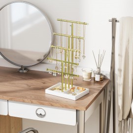 Love-KANKEI Jewelry Organizer Stand,5 Tier Large Necklace Holder with Metal and Wood Base,Jewelry holder stand Tree for Display,Bracelets Earrings Rings,Height Adjustable Gift White and Gold