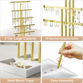 Love-KANKEI Jewelry Organizer Stand,5 Tier Large Necklace Holder with Metal and Wood Base,Jewelry holder stand Tree for Display,Bracelets Earrings Rings,Height Adjustable Gift White and Gold