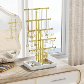 Love-KANKEI Jewelry Organizer Stand,5 Tier Large Necklace Holder with Metal and Wood Base,Jewelry holder stand Tree for Display,Bracelets Earrings Rings,Height Adjustable Gift White and Gold