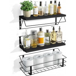 Love-KANKEI Floating Shelves Wall Mounted, Wood Wall Shelves with Storage Wire Basket, Bathroom Shelf Over Toilet eith Towel Bar,Hanging Shelves for Beadroom Living Room Kitchen, Set of 3, Black