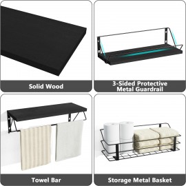 Love-KANKEI Floating Shelves Wall Mounted, Wood Wall Shelves with Storage Wire Basket, Bathroom Shelf Over Toilet eith Towel Bar,Hanging Shelves for Beadroom Living Room Kitchen, Set of 3, Black
