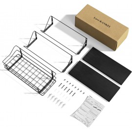 Love-KANKEI Floating Shelves Wall Mounted, Wood Wall Shelves with Storage Wire Basket, Bathroom Shelf Over Toilet eith Towel Bar,Hanging Shelves for Beadroom Living Room Kitchen, Set of 3, Black