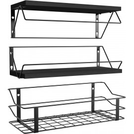 Love-KANKEI Floating Shelves Wall Mounted, Wood Wall Shelves with Storage Wire Basket, Bathroom Shelf Over Toilet eith Towel Bar,Hanging Shelves for Beadroom Living Room Kitchen, Set of 3, Black