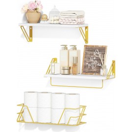 SRIWATANA 2+1 Floating Shelves for Wall, Bathroom Shelves Over Toilet with Towel Bar, Wall Shelves with Storage Wire Basket, Wood Shelves for Bedroom, Living Room, Kitchen (White & Gold)