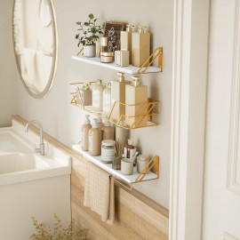SRIWATANA 2+1 Floating Shelves for Wall, Bathroom Shelves Over Toilet with Towel Bar, Wall Shelves with Storage Wire Basket, Wood Shelves for Bedroom, Living Room, Kitchen (White & Gold)