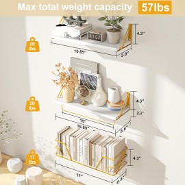 SRIWATANA 2+1 Floating Shelves for Wall, Bathroom Shelves Over Toilet with Towel Bar, Wall Shelves with Storage Wire Basket, Wood Shelves for Bedroom, Living Room, Kitchen (White & Gold)