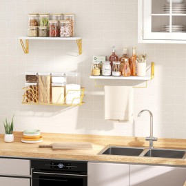 SRIWATANA 2+1 Floating Shelves for Wall, Bathroom Shelves Over Toilet with Towel Bar, Wall Shelves with Storage Wire Basket, Wood Shelves for Bedroom, Living Room, Kitchen (White & Gold)