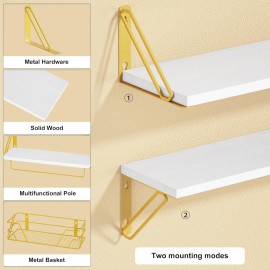 SRIWATANA 2+1 Floating Shelves for Wall, Bathroom Shelves Over Toilet with Towel Bar, Wall Shelves with Storage Wire Basket, Wood Shelves for Bedroom, Living Room, Kitchen (White & Gold)