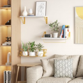 SRIWATANA 2+1 Floating Shelves for Wall, Bathroom Shelves Over Toilet with Towel Bar, Wall Shelves with Storage Wire Basket, Wood Shelves for Bedroom, Living Room, Kitchen (White & Gold)