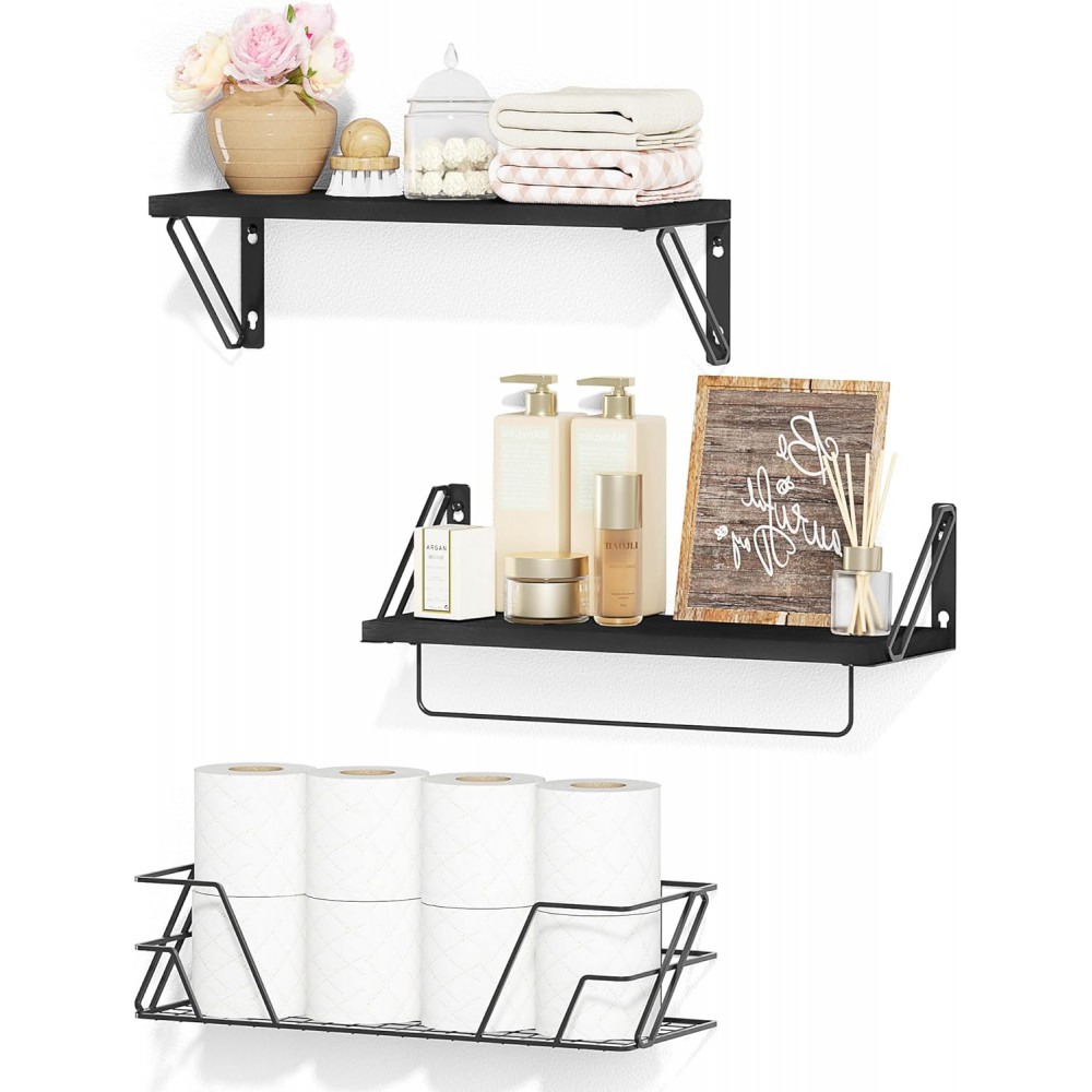 SRIWATANA 2+1 Floating Shelves for Wall, Bathroom Shelves Over Toilet with Towel Bar, Wall Shelves with Storage Wire Basket, Wood Shelves for Bedroom, Living Room, Kitchen (Weathered Black)