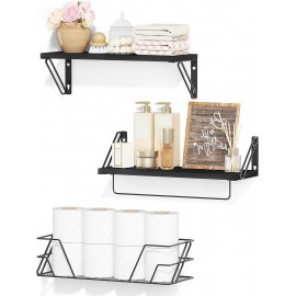SRIWATANA 2+1 Floating Shelves for Wall, Bathroom Shelves Over Toilet with Towel Bar, Wall Shelves with Storage Wire Basket, Wood Shelves for Bedroom, Living Room, Kitchen (Weathered Black)