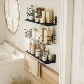 SRIWATANA 2+1 Floating Shelves for Wall, Bathroom Shelves Over Toilet with Towel Bar, Wall Shelves with Storage Wire Basket, Wood Shelves for Bedroom, Living Room, Kitchen (Weathered Black)