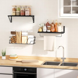 SRIWATANA 2+1 Floating Shelves for Wall, Bathroom Shelves Over Toilet with Towel Bar, Wall Shelves with Storage Wire Basket, Wood Shelves for Bedroom, Living Room, Kitchen (Weathered Black)
