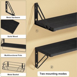 SRIWATANA 2+1 Floating Shelves for Wall, Bathroom Shelves Over Toilet with Towel Bar, Wall Shelves with Storage Wire Basket, Wood Shelves for Bedroom, Living Room, Kitchen (Weathered Black)