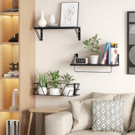 SRIWATANA 2+1 Floating Shelves for Wall, Bathroom Shelves Over Toilet with Towel Bar, Wall Shelves with Storage Wire Basket, Wood Shelves for Bedroom, Living Room, Kitchen (Weathered Black)