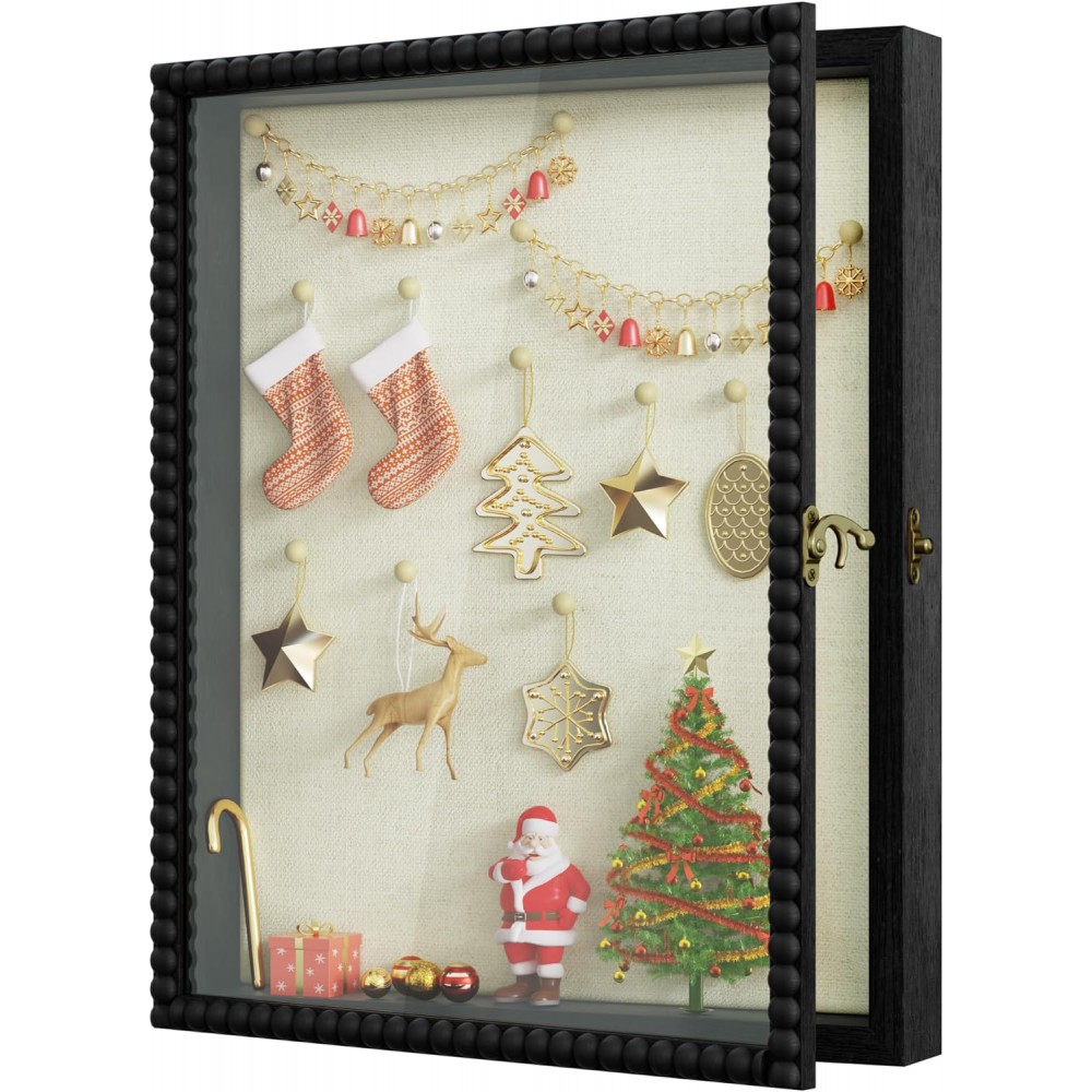 Love-KANKEI Shadow Box Frame 13x16, Deep Large Shadow Box Display Case with Unique Beads Door and Glass Window, Wood Memory Box for Pictures,Medals,Memorabilia,Collections Black