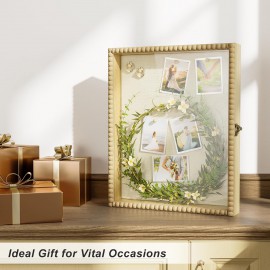 Love-KANKEI Shadow Box Frame 13x16, Deep Large Shadow Box Display Case with Unique Beads Door and Glass Window, Wood Memory Box for Pictures,Medals,Memorabilia,Collections Natural