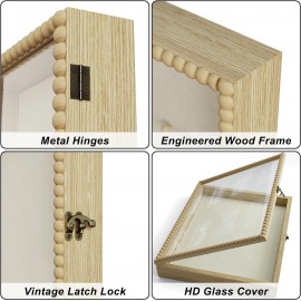 Love-KANKEI Shadow Box Frame 13x16, Deep Large Shadow Box Display Case with Unique Beads Door and Glass Window, Wood Memory Box for Pictures,Medals,Memorabilia,Collections Natural