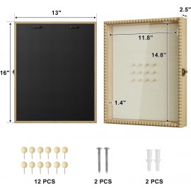 Love-KANKEI Shadow Box Frame 13x16, Deep Large Shadow Box Display Case with Unique Beads Door and Glass Window, Wood Memory Box for Pictures,Medals,Memorabilia,Collections Natural