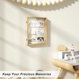 Love-KANKEI Shadow Box Frame 13x16, Deep Large Shadow Box Display Case with Unique Beads Door and Glass Window, Wood Memory Box for Pictures,Medals,Memorabilia,Collections Natural