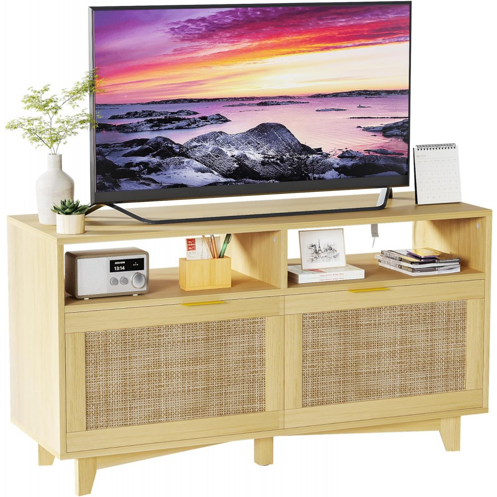SRIWATANA TV Stand with 2 Rattan Doors, Entertainment Center with Storage, Media Furniture for Living Room, Bedroom, Oak