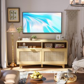 SRIWATANA TV Stand with 2 Rattan Doors, Entertainment Center with Storage, Media Furniture for Living Room, Bedroom, Oak