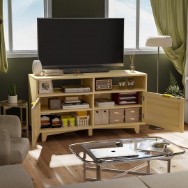 SRIWATANA TV Stand with 2 Rattan Doors, Entertainment Center with Storage, Media Furniture for Living Room, Bedroom, Oak