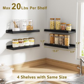Love-KANKEI Black Floating Shelves for Wall Set of 4, Wood Wall Shelves with Lip,15.6 Inch Rustic Hanging Shelves for Bedroom Bathroom Living Room Kitchen Nursery Display