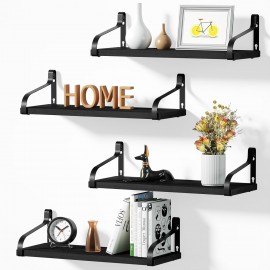 Love-KANKEI Black Floating Shelves for Wall Set of 4, Rustic Wood Wall Shelves with Brackets, 15.7 Inch Hanging Shelves for Bathroom, Bedroom, Living Room, Kitchen, Office Display