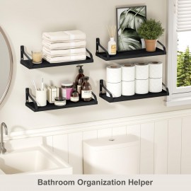 Love-KANKEI Black Floating Shelves for Wall Set of 4, Rustic Wood Wall Shelves with Brackets, 15.7 Inch Hanging Shelves for Bathroom, Bedroom, Living Room, Kitchen, Office Display