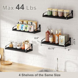 Love-KANKEI Black Floating Shelves for Wall Set of 4, Rustic Wood Wall Shelves with Brackets, 15.7 Inch Hanging Shelves for Bathroom, Bedroom, Living Room, Kitchen, Office Display