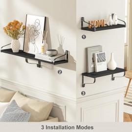 Love-KANKEI Black Floating Shelves for Wall Set of 4, Rustic Wood Wall Shelves with Brackets, 15.7 Inch Hanging Shelves for Bathroom, Bedroom, Living Room, Kitchen, Office Display