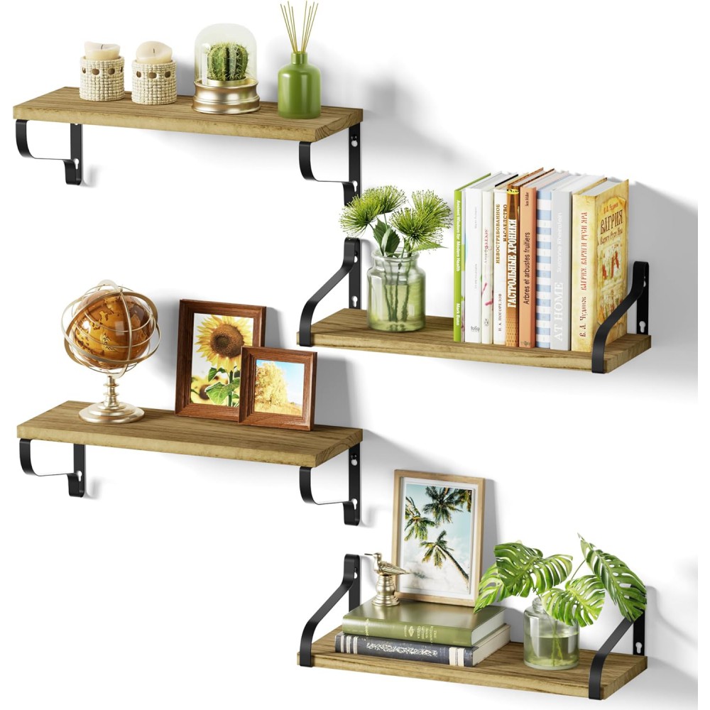 Love-KANKEI Floating Shelves for Wall Set of 4, Rustic Wood Wall Shelves with Brackets, 15.7 Inch Hanging Shelves for Bathroom, Bedroom, Living Room, Kitchen, Office Display Carbonized Black