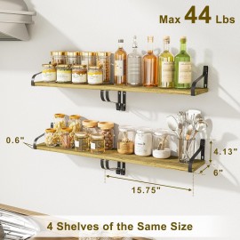 Love-KANKEI Floating Shelves for Wall Set of 4, Rustic Wood Wall Shelves with Brackets, 15.7 Inch Hanging Shelves for Bathroom, Bedroom, Living Room, Kitchen, Office Display Carbonized Black