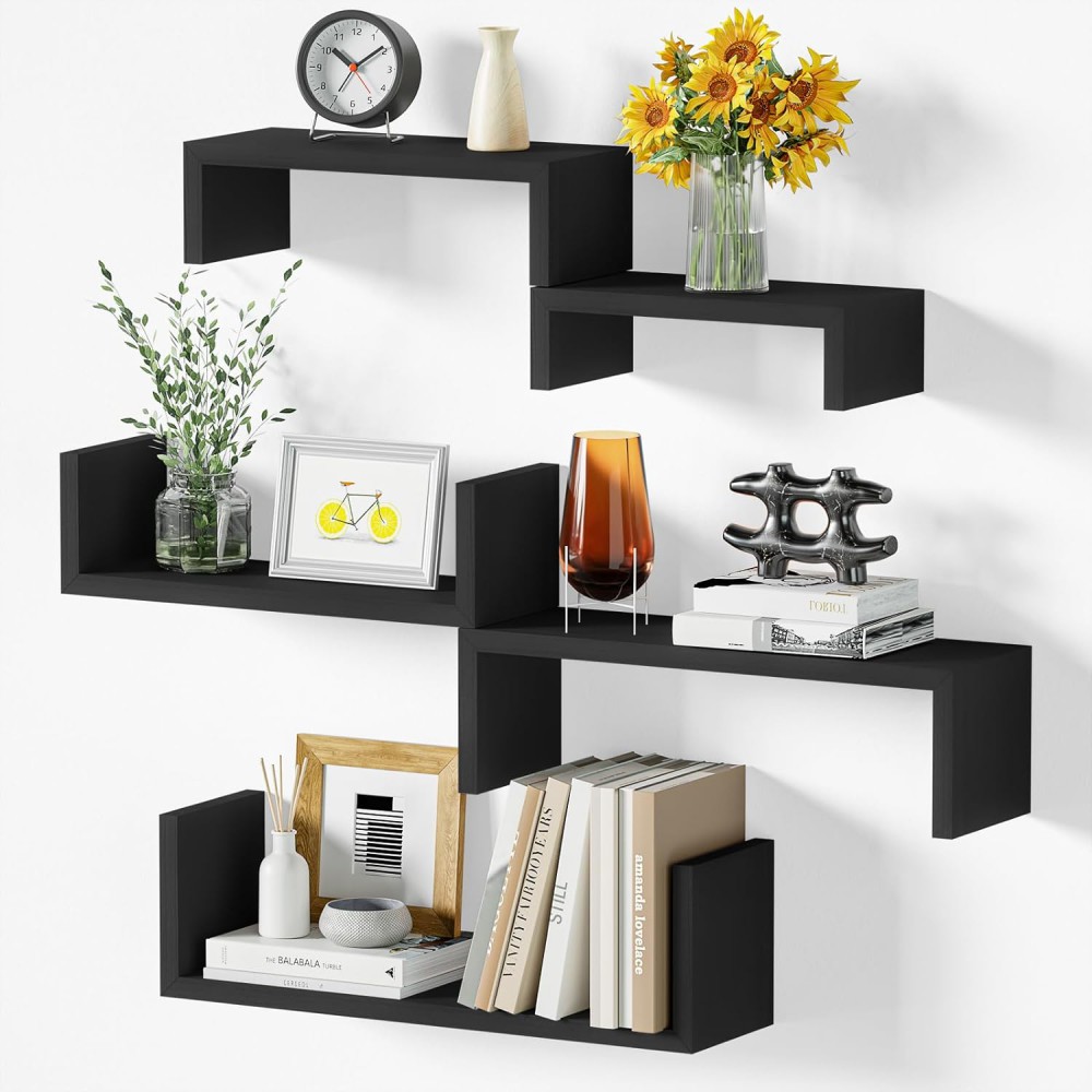 SRIWATANA Floating Shelves, Modern Wall Mounted Shelves for Bathroom, Bedroom, Kitchen, Living Room, Office, Wood Shelves for Wall Decor Set of 5 (Weathered Black)