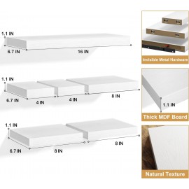 Love-KANKEI White Floating Shelves for Wall Set of 6, Wood Wall Shelves with Invisible Bracket,Rustic Hanging Shelves for Display,Bedroom Living Room Bathroom Kitchen Office