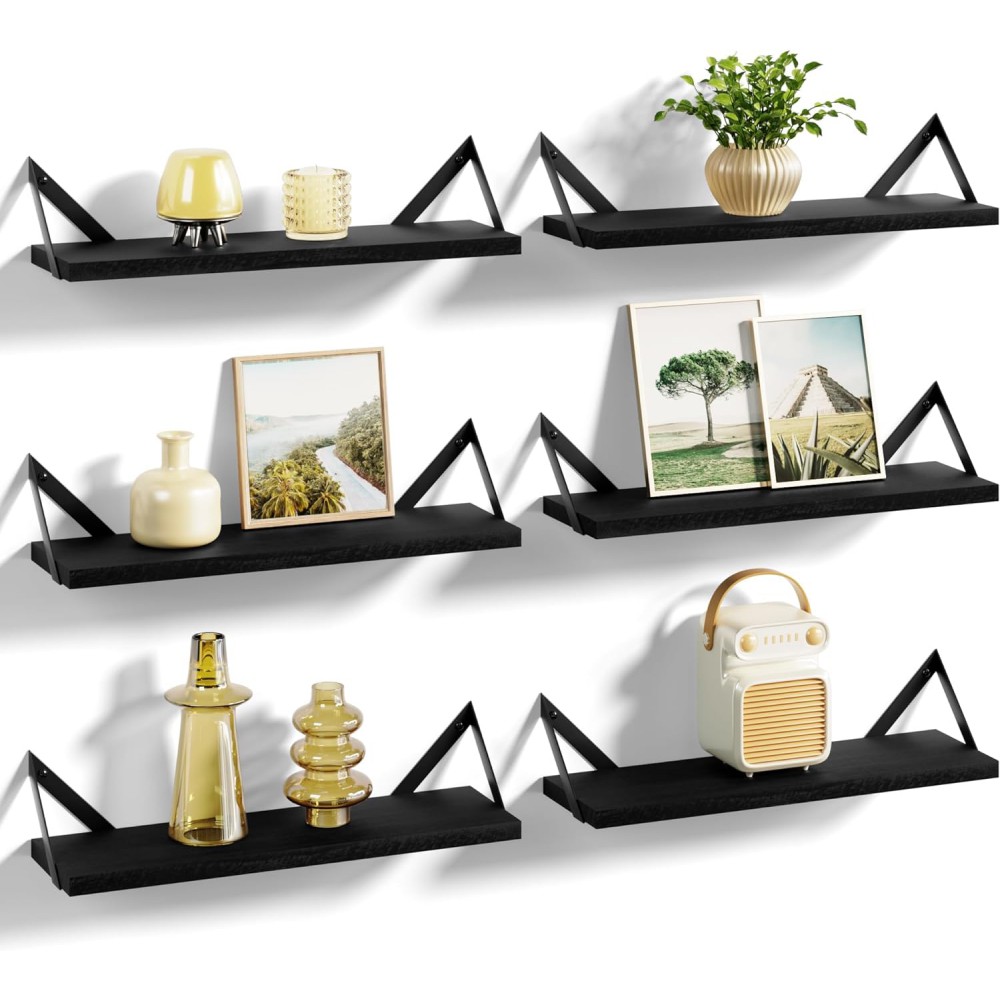 SRIWATANA Floating Shelves for Wall Storage, Wall Mounted Shelves for Bathroom, Bedroom, Kitchen, Living Room, Wood Shelves for Wall Decor, Set of 6 (Weathered Black)