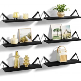 SRIWATANA Floating Shelves for Wall Storage, Wall Mounted Shelves for Bathroom, Bedroom, Kitchen, Living Room, Wood Shelves for Wall Decor, Set of 6 (Weathered Black)