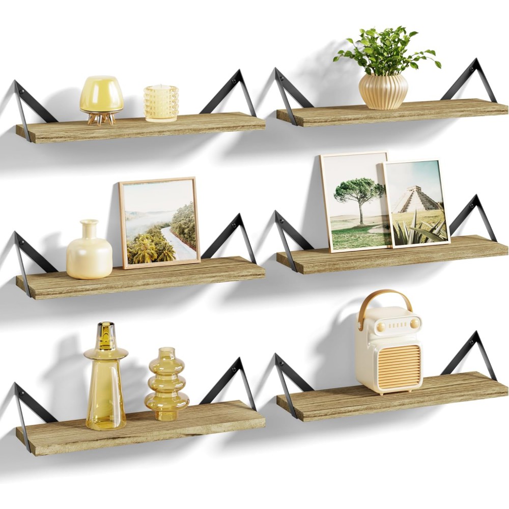 SRIWATANA Floating Shelves for Wall Storage, Wall Mounted Shelves for Bathroom, Bedroom, Kitchen, Living Room,Wood Shelves for Wall Decor, Set of 6 (Carbonized Black)